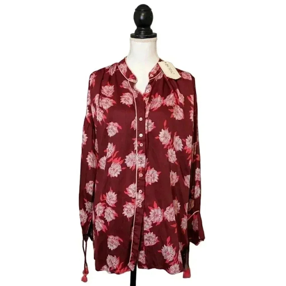 Omika Ezra Button Up Blouse Top in Isla Merlot Floral Print NEW Size Medium $249